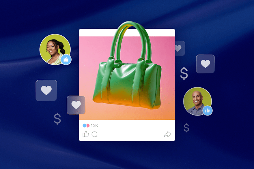 Green handbag on a vibrant gradient background with likes, hearts, and profile icons in a social media shopping theme