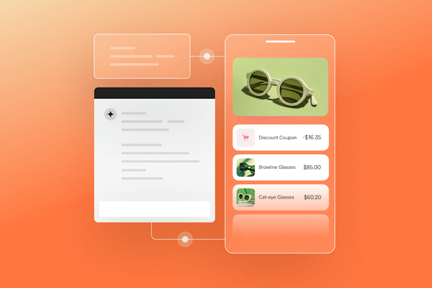 AI content marketing concept featuring a webpage and mobile shopping interface with sunglasses, a discount coupon, and product listings, set against an orange gradient background