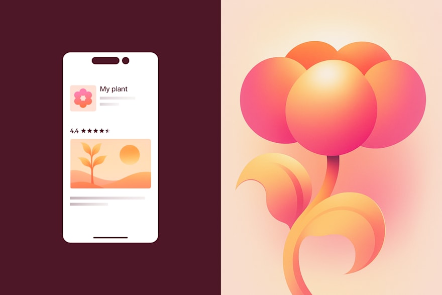 Mobile plant app interface beside a bold stylized flower illustration with warm gradient tones