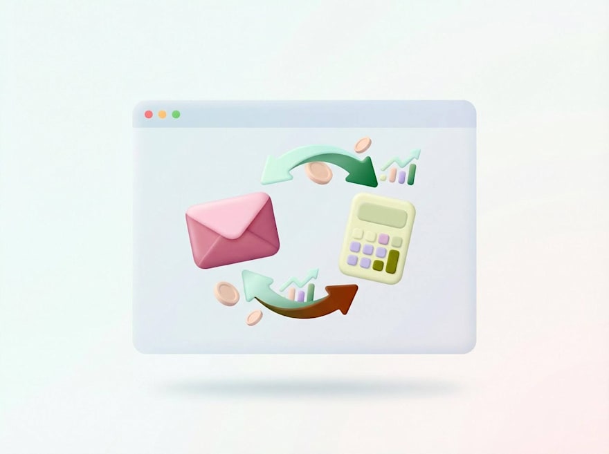 3D illustration of an email and calculator connected by circular arrows and coins