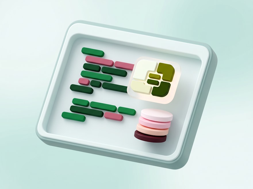 3D tray with colorful code-like bar rows, a puzzle icon, and a stacked coin set