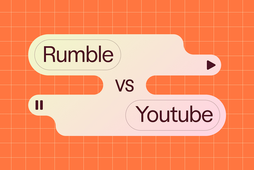 Abstract graphic comparing Rumble and YouTube with play and pause icons on an orange grid background