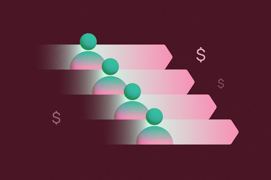 Lead generation: User icons on pink arrows with dollar signs on a dark red background
