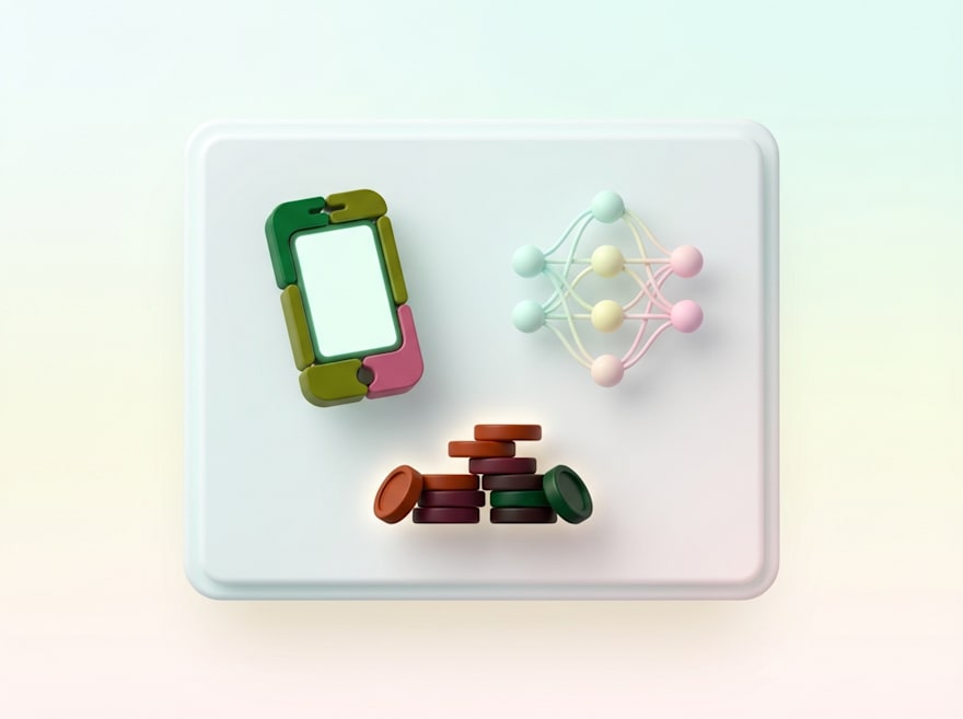 3D illustration of a modular frame, neural network diagram, and stacked coins
