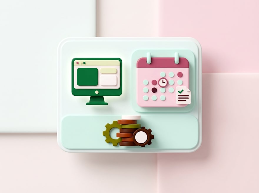 3D illustration of a desktop dashboard and calendar panel with stacked coins and gears below
