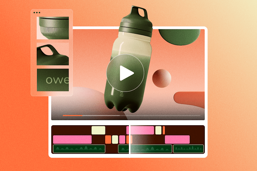 3D video editing interface featuring a green water bottle on an orange gradient background