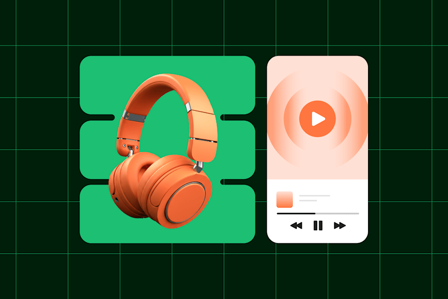 Vodcast: orange headphones next to a mobile music player interface