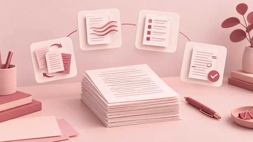 Manuscript surrounded by four editing stages: structural reorganization, line editing, copyediting style sheet, and proofreading marks