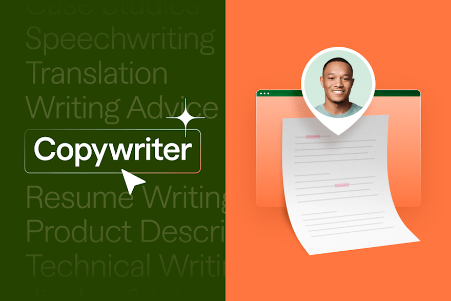 Beccome a "Copywriter" highlighted with a cursor on the left profile image and document on an orange background on the right.