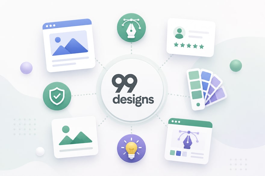 Illustration of the 99designs platform surrounded by design, portfolio, branding, and creative workflow elements representing graphic design services.