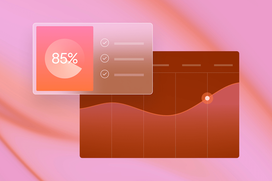 Illustrated data visualization with a rising trend line and an 85% completion graphic, set against a pink gradient background