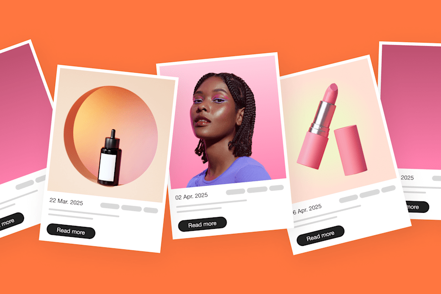 Blog post cards on orange background with product shots, a portrait, and “Read more” buttons