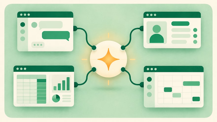 Central AI hub connected to a help desk chat, CRM contact card, spreadsheet with charts and a calendar