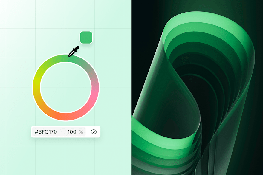 A color picker selecting green (#3FC170) alongside a smooth, layered green gradient design
