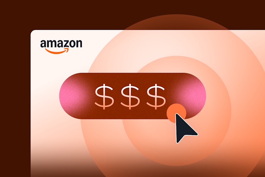 Stylized Amazon interface with a glowing button showing dollar signs and a cursor click, on a warm gradient background