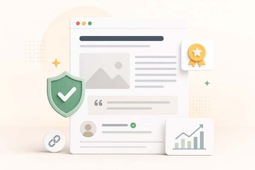 Illustration of a high-quality web page surrounded by trust, authority, and credibility signals representing E-E-A-T principles.