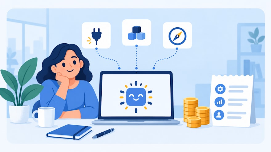 Business owner at a laptop with an AI icon, linked to tiles for AI integration, new AI builds and consulting, next to coins and a cost summary card