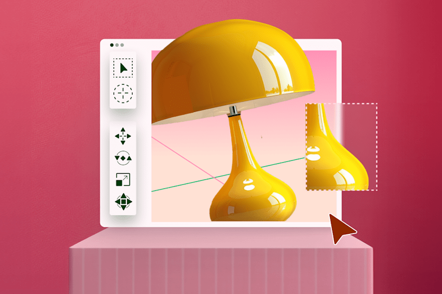 3D modeling interface displaying a yellow lamp design with selection and transformation tools on a pink background