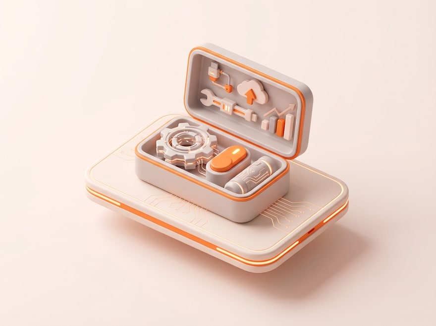3D illustration of a digital toolkit case with cloud, charts, and system tools