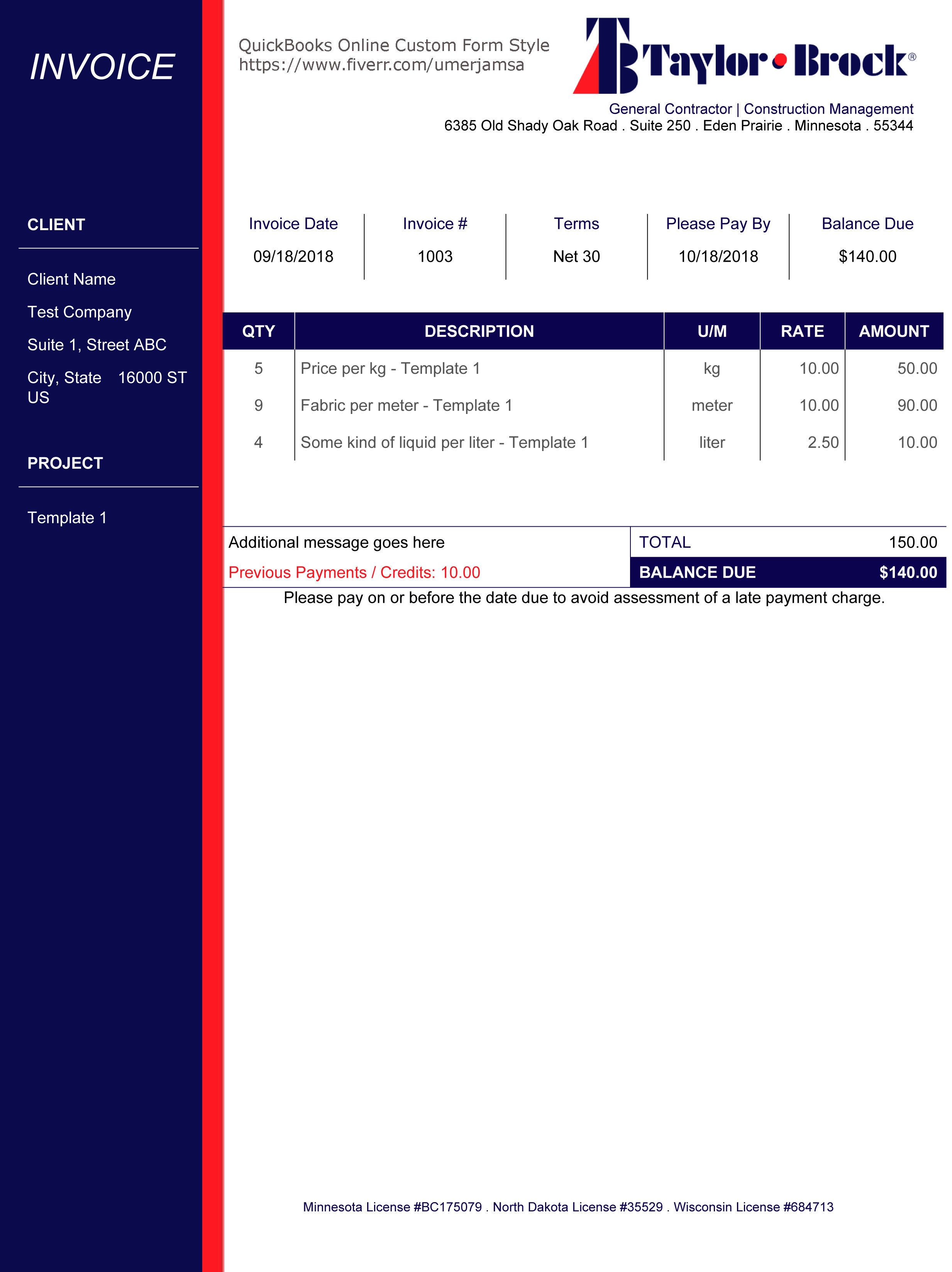 QuickBooks Invoice Excel Template for Service Providers