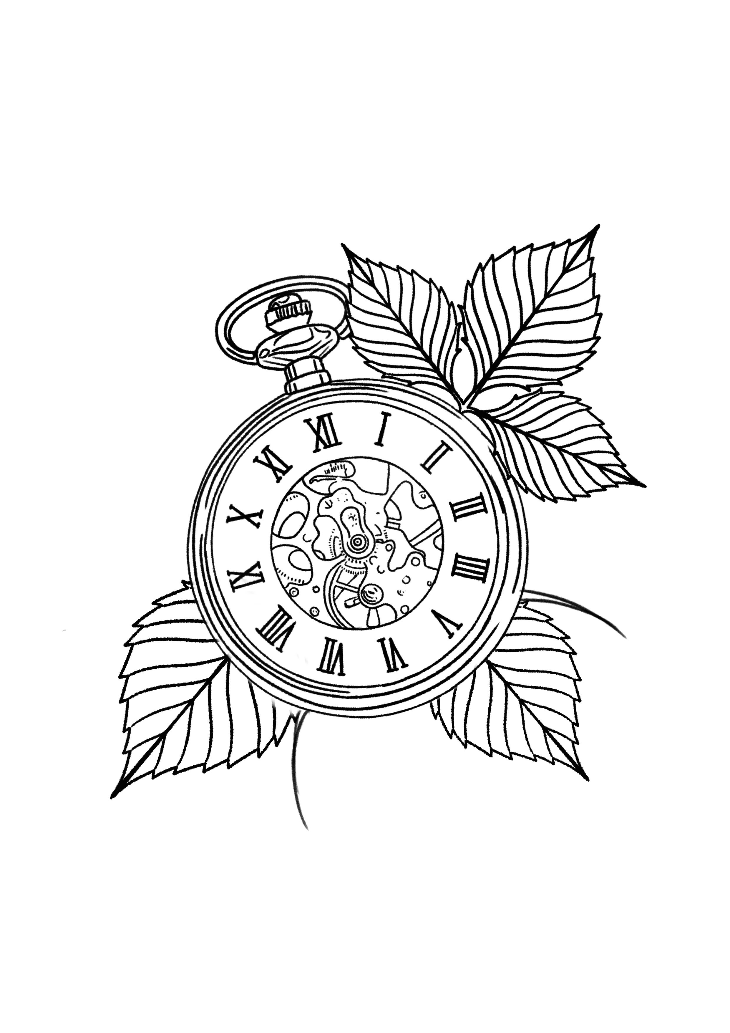Simple Pocket Watch Line Drawing The resolution of image is 1722x2400