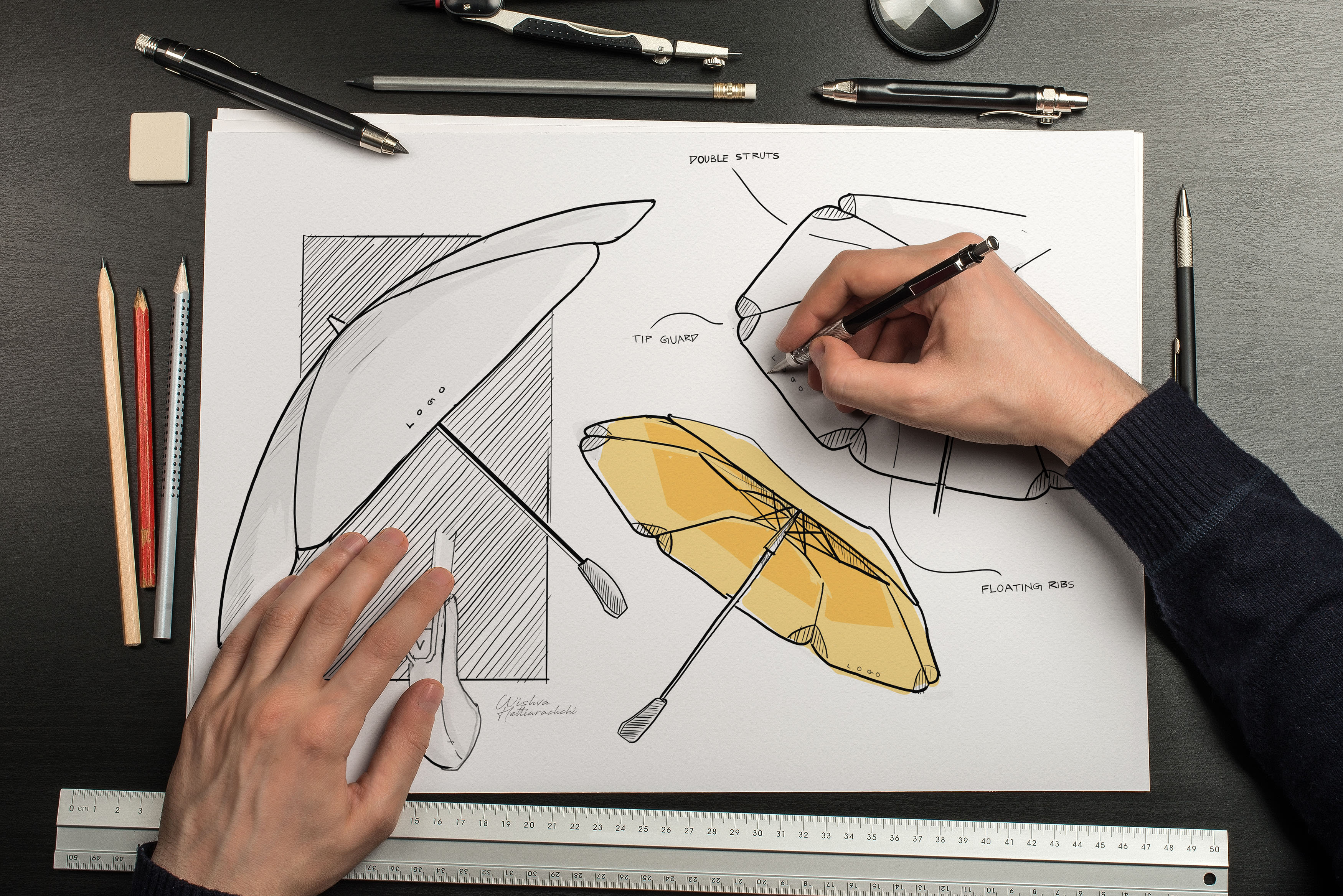 The hands architect draw a sketch of a design project with a pencil. Work  table of an engineer creating blueprints for a building Stock Photo - Alamy