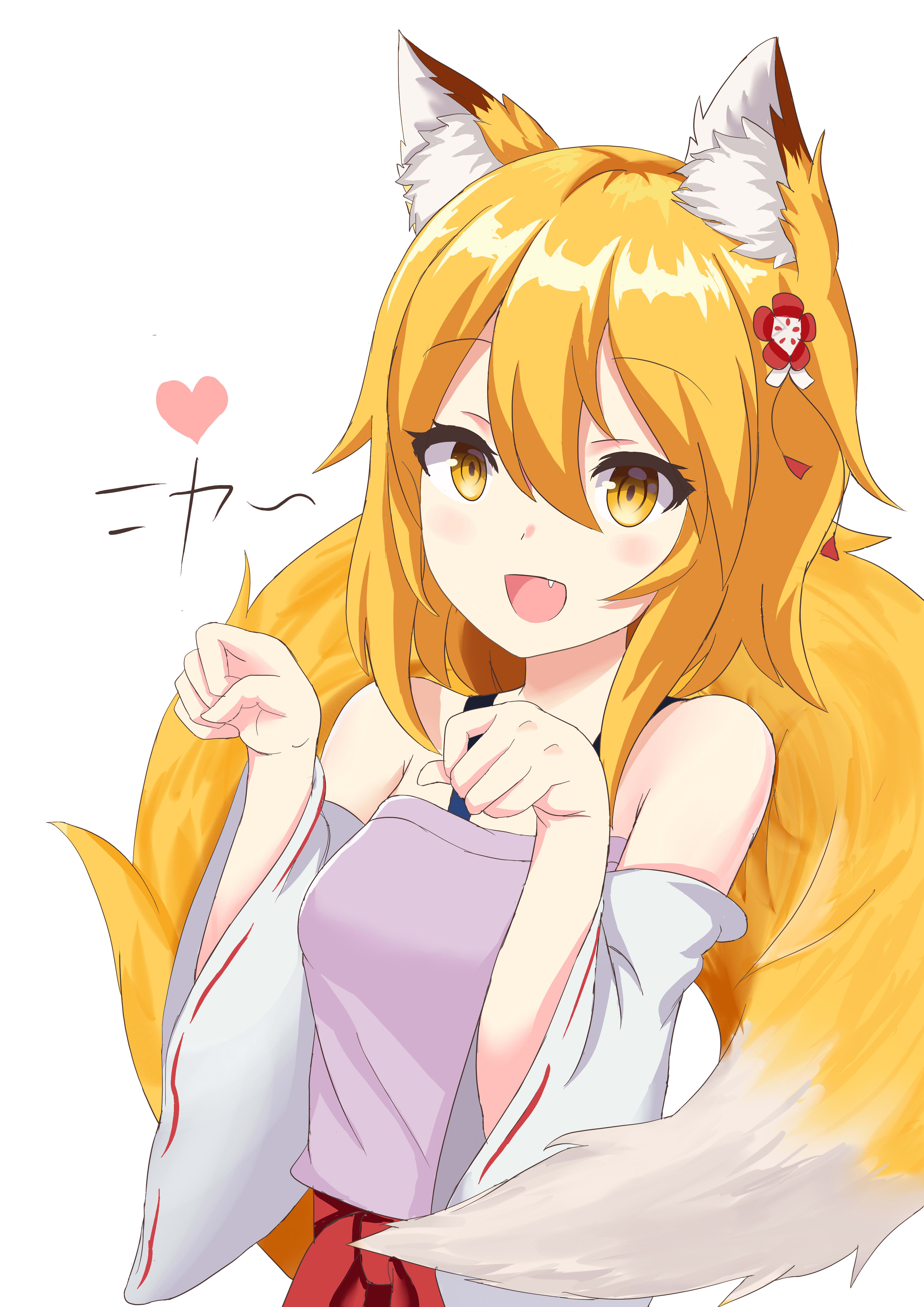 orange fur anime fox girl light blue and white gradient background