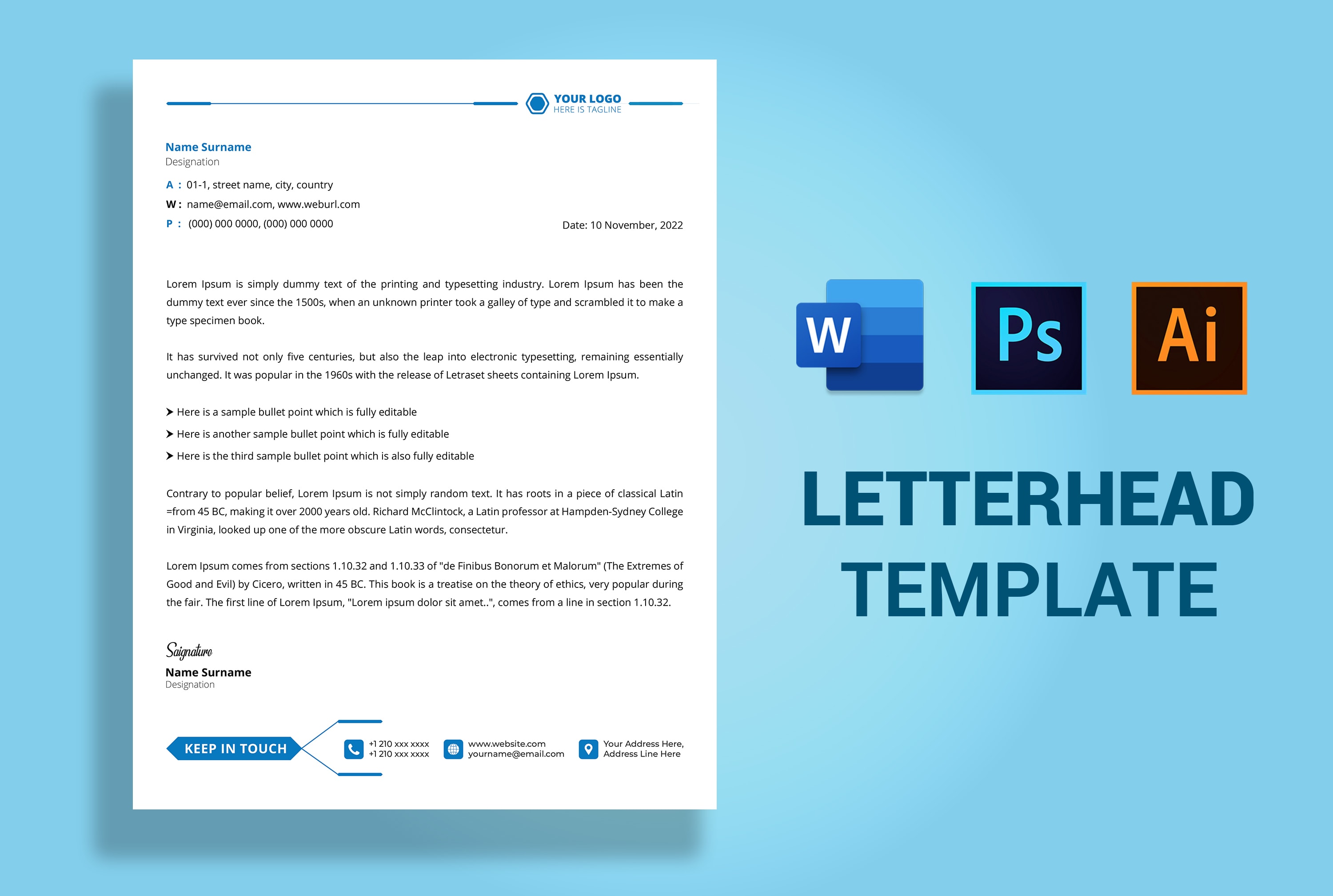 Design editable letterhead template ms word, ai, psd, pdf by For Free Letterhead Templates For Microsoft Word