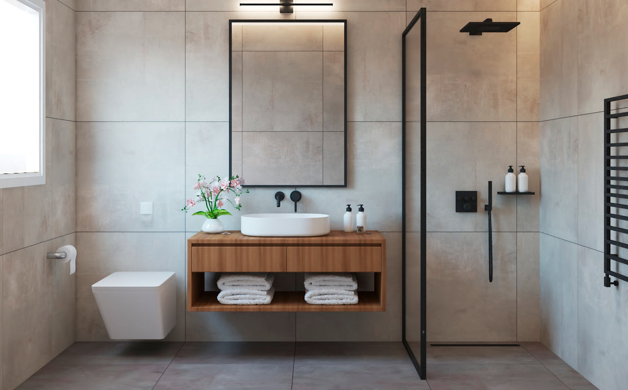 Elegante Rendering 3d Di Un Bagno Contemporaneo Con Doccia Separata E Zone  Asciutte Specchio Lavabo Ed Eleganti Accessori Da Bagno, Bagno Di Lusso,  Progettazione Del Bagno, Bagno Moderno Immagine di sfondo per