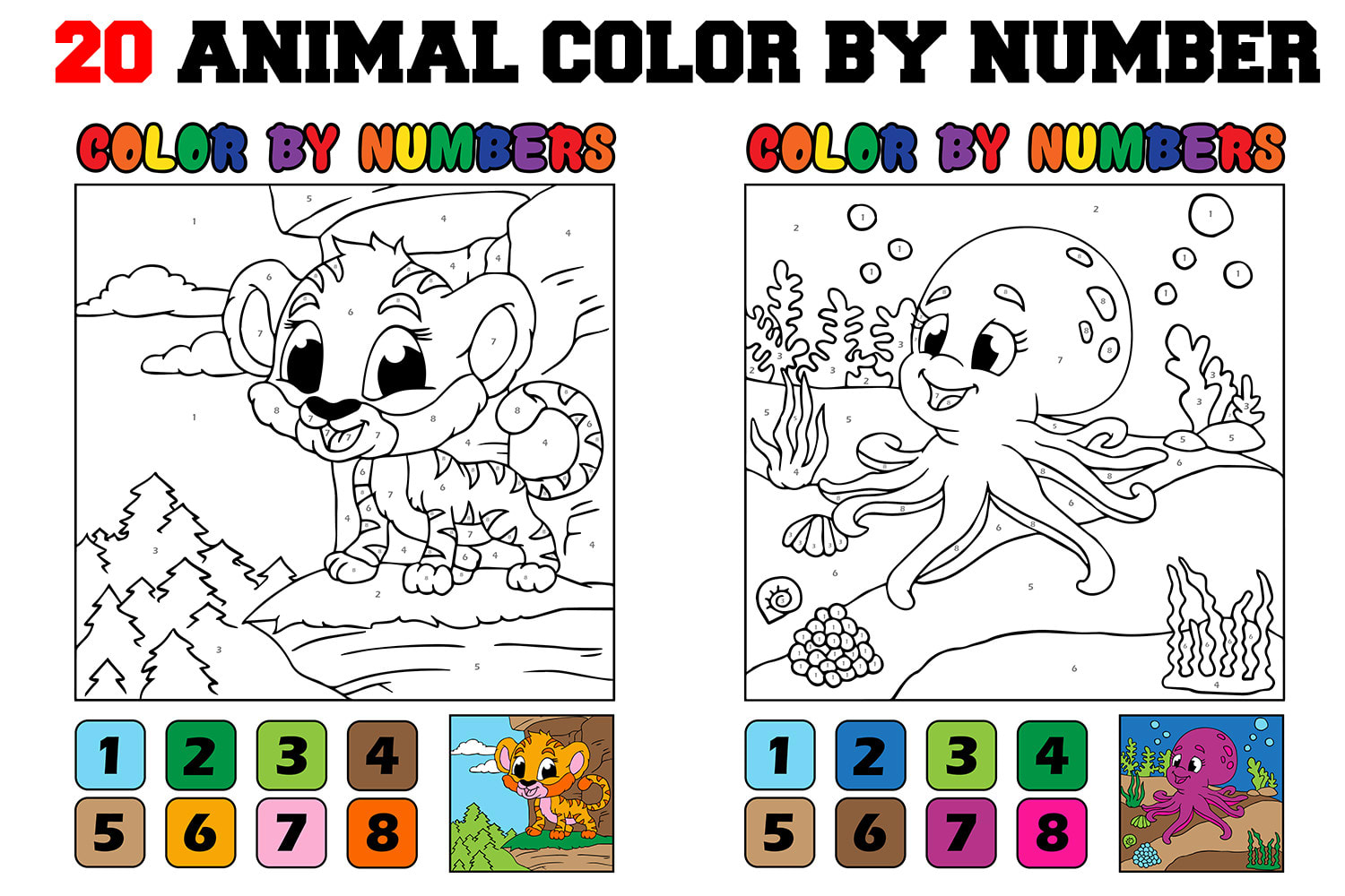give you 20 animal color by numbers pages