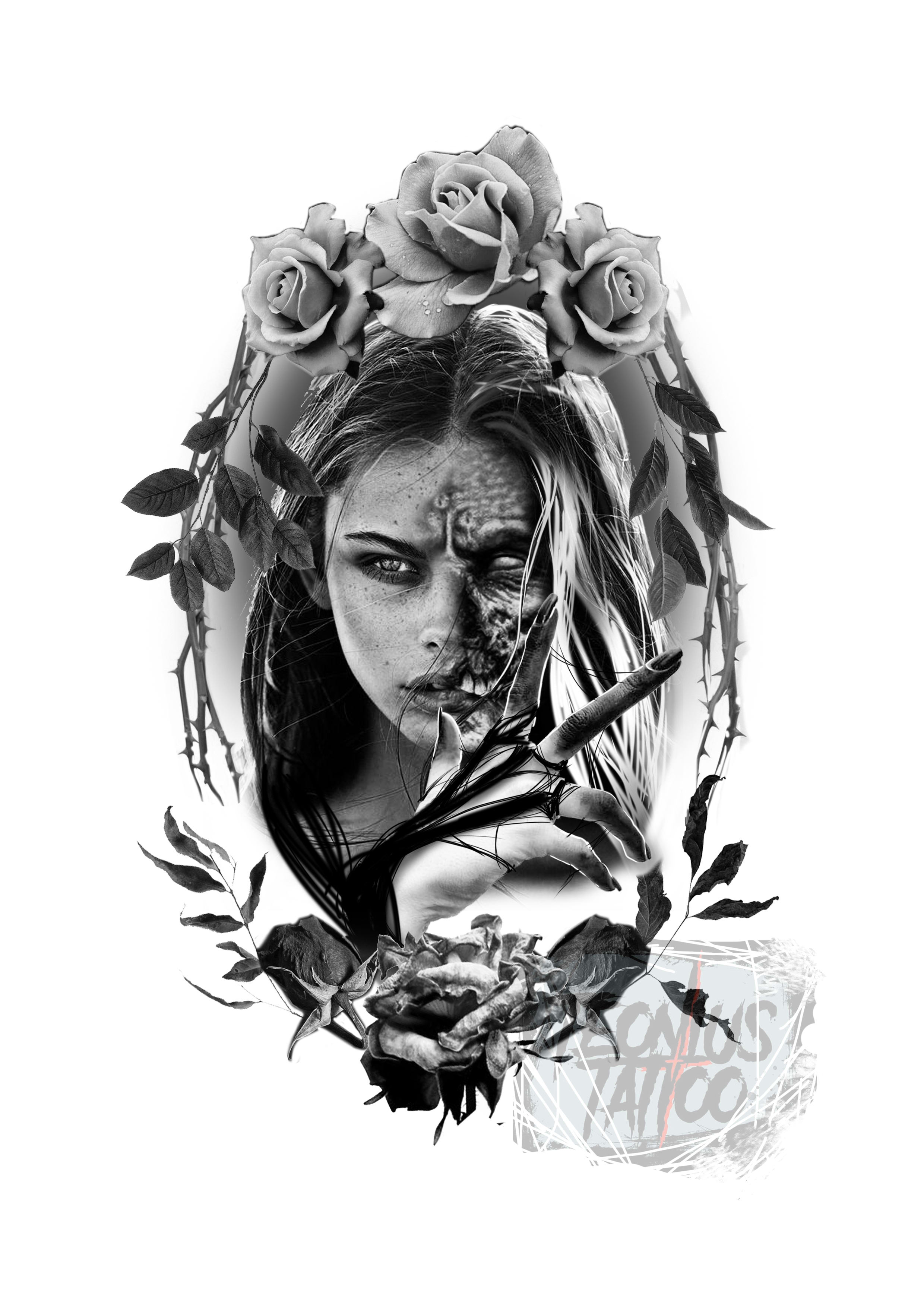 Create your black and white, realistic, horror tattoo design by Teonius