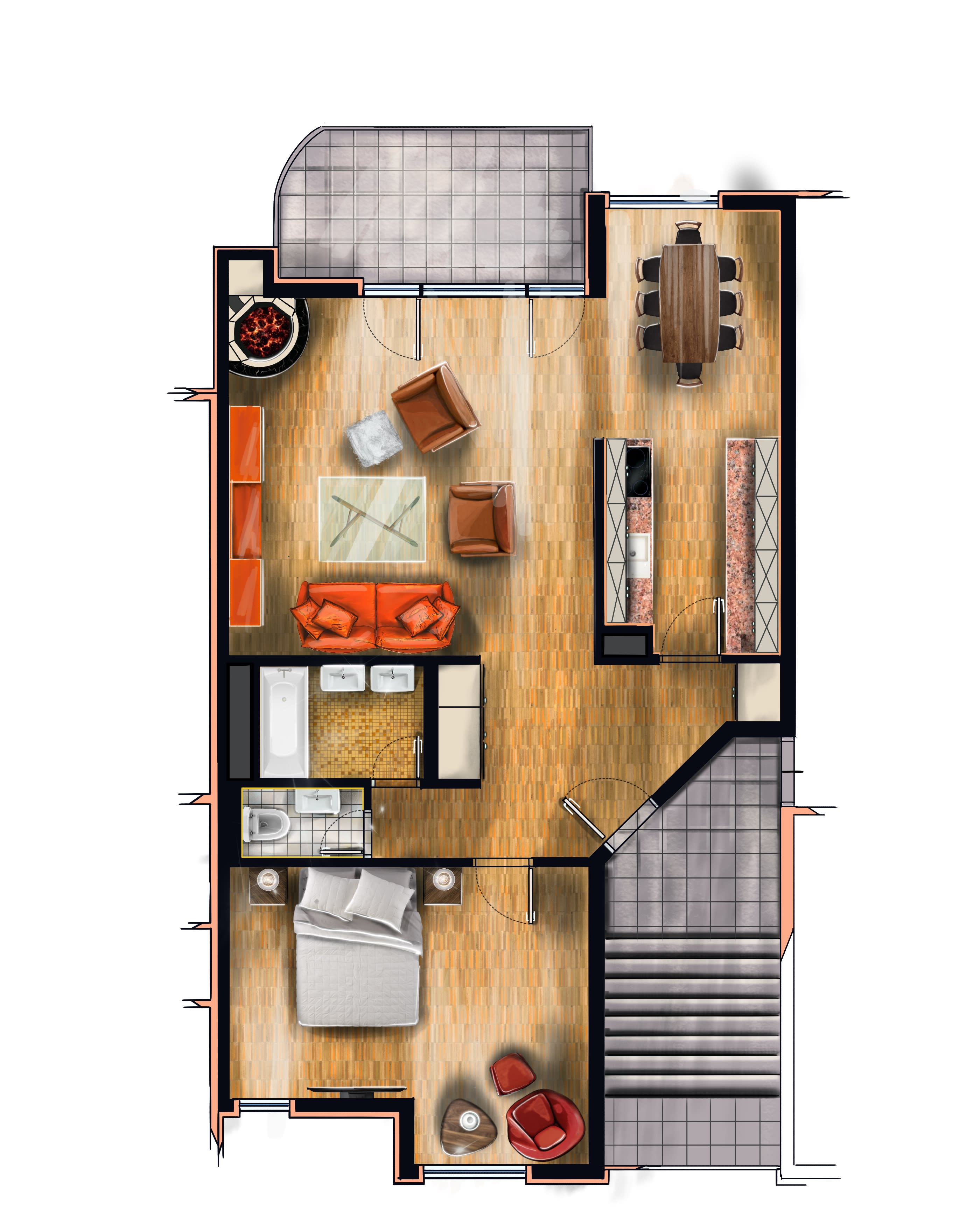 Floor plan Architectural drawing Sketch, Color painted apartment one  bedroom flat renderings, watercolor Painting, color Splash png | PNGEgg