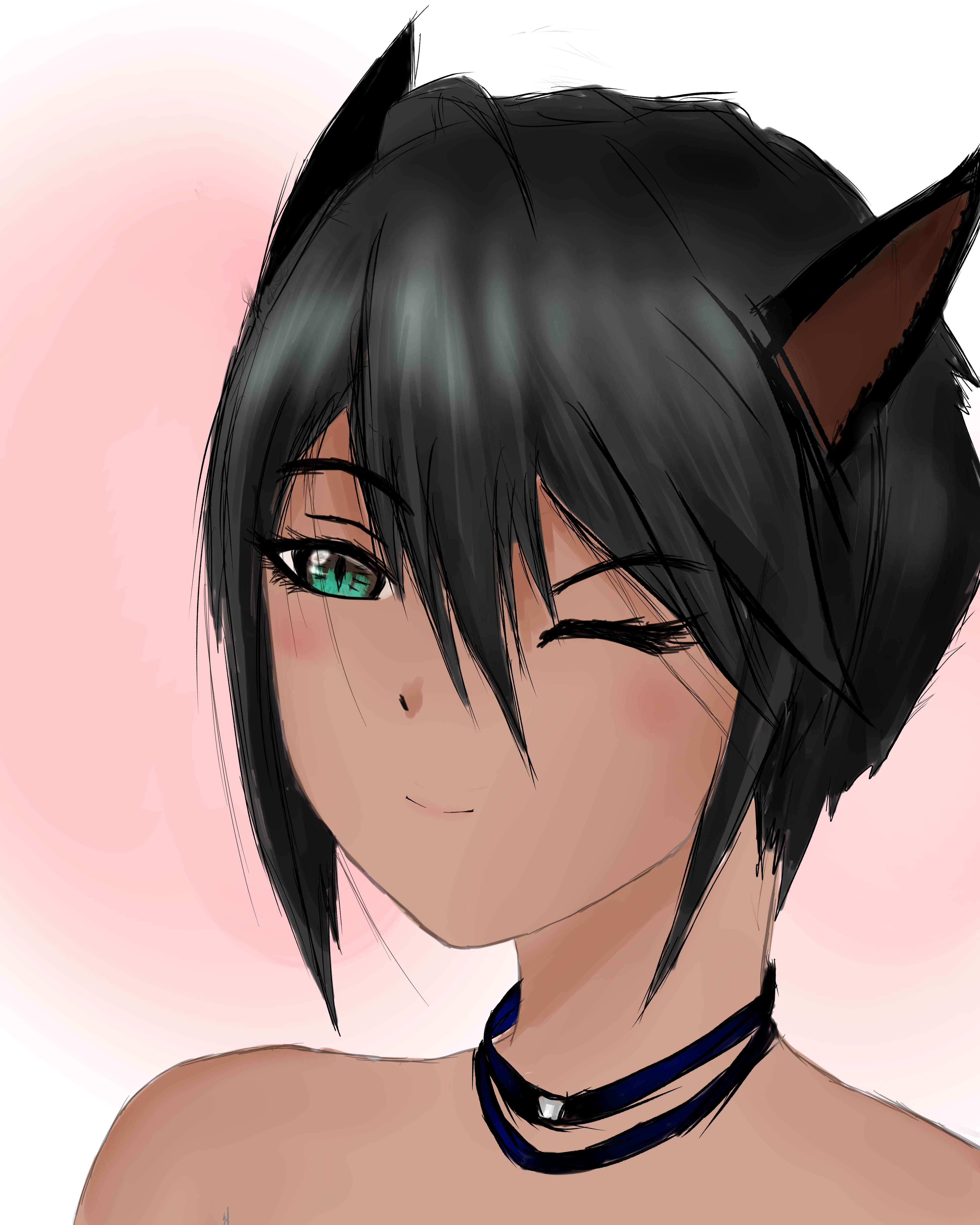 n: Wolf cute anime girl with black hair, dark blue eyes