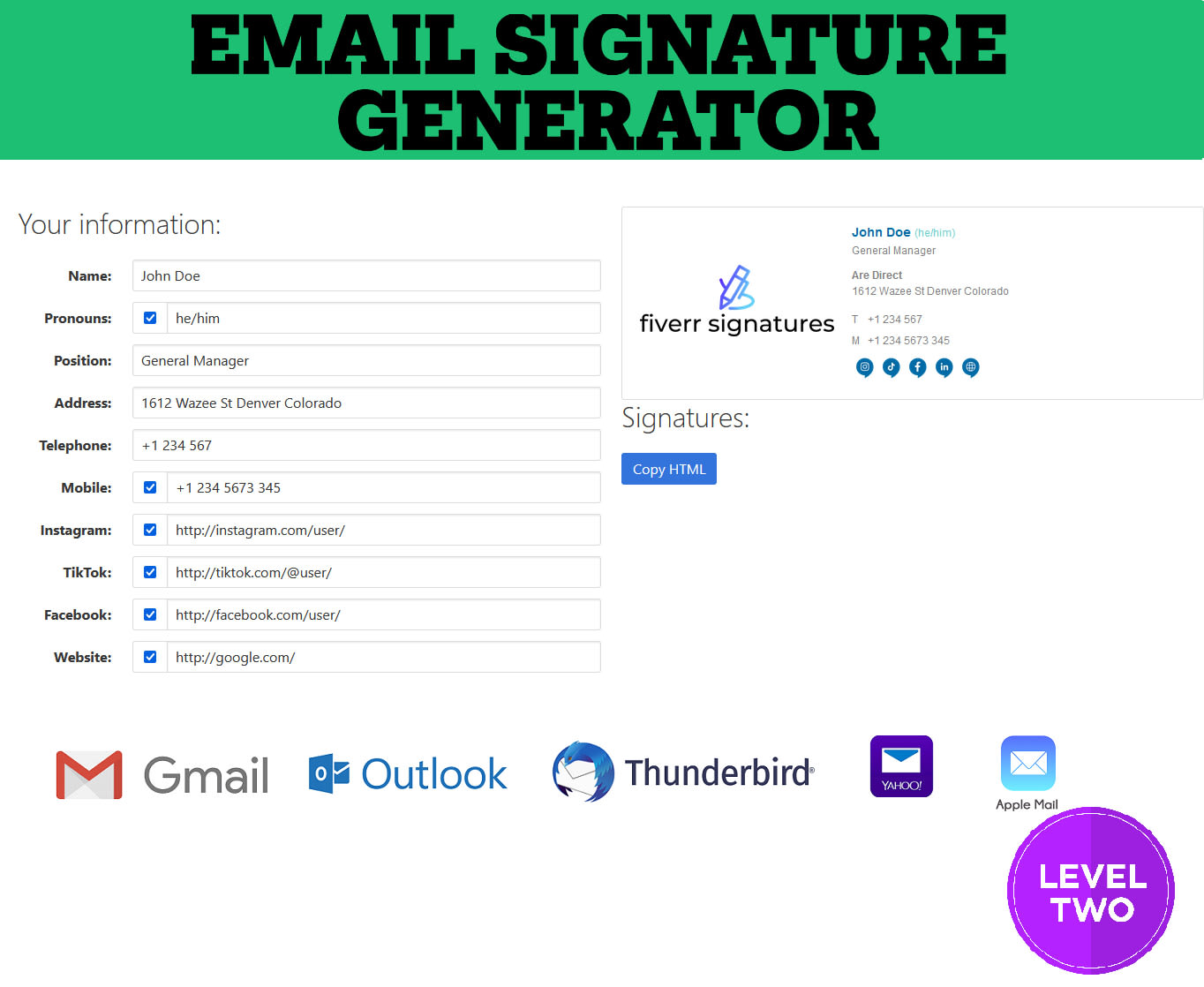 Create a html email signature generator for your team by Tamb0r |