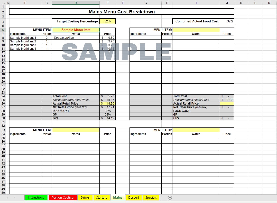 Menu Costing Spreadsheet ~ Ms Excel Templates 5120