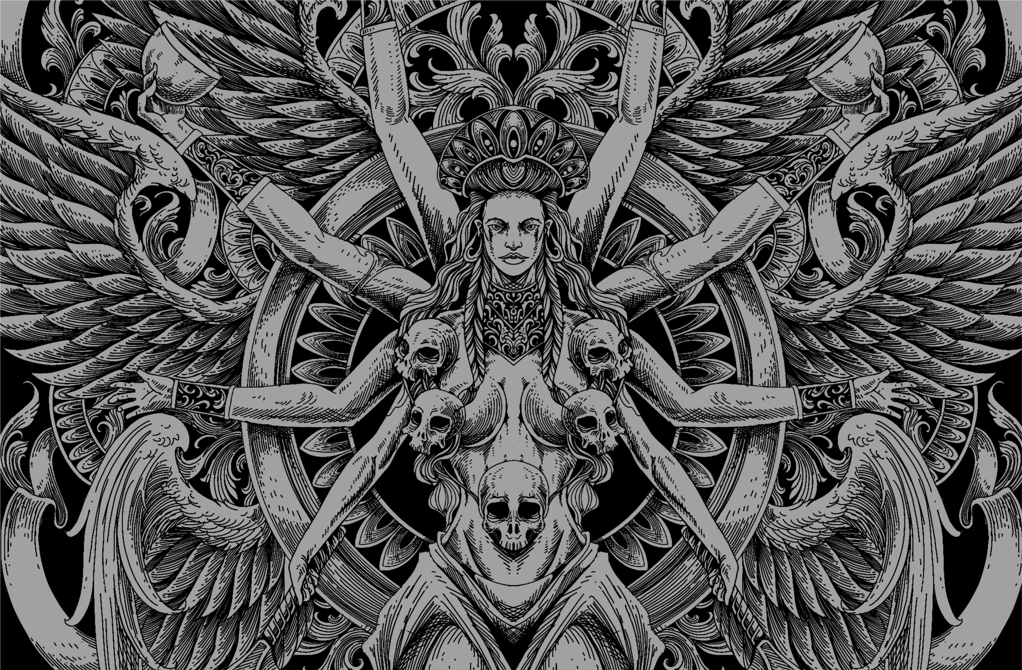 Draw a detailed dark art illustration with engraving style by