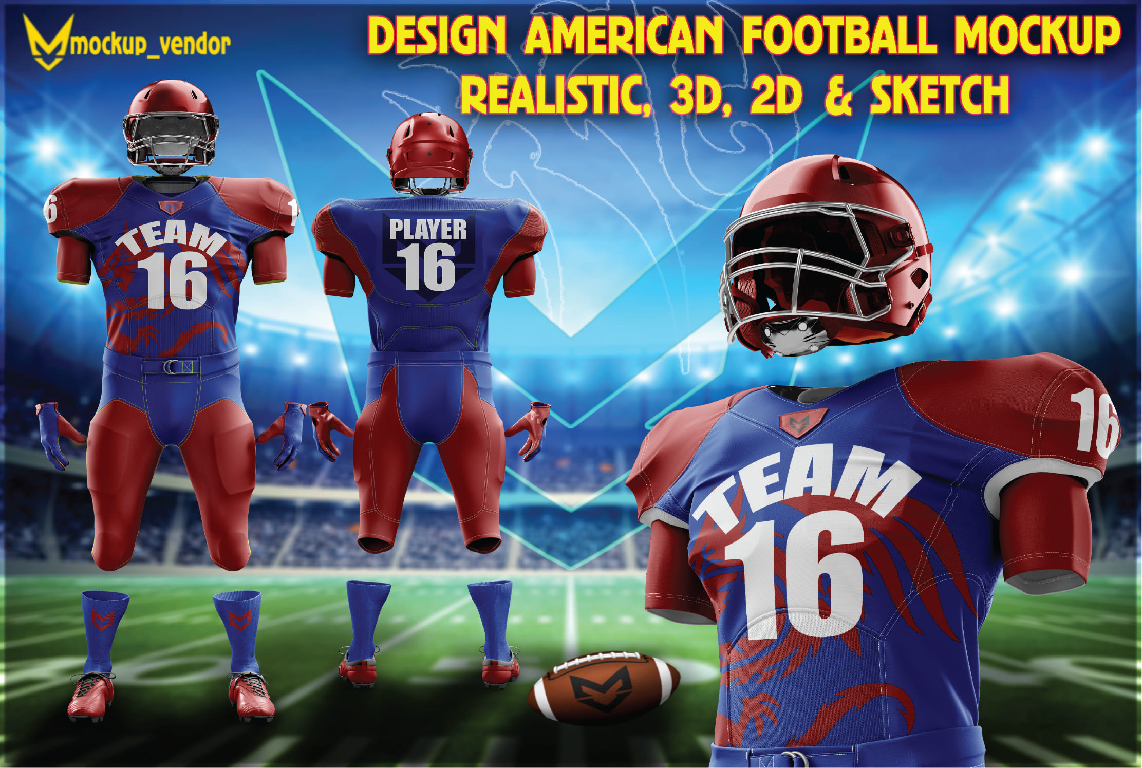 T-shirt American football technical fashion illustration with