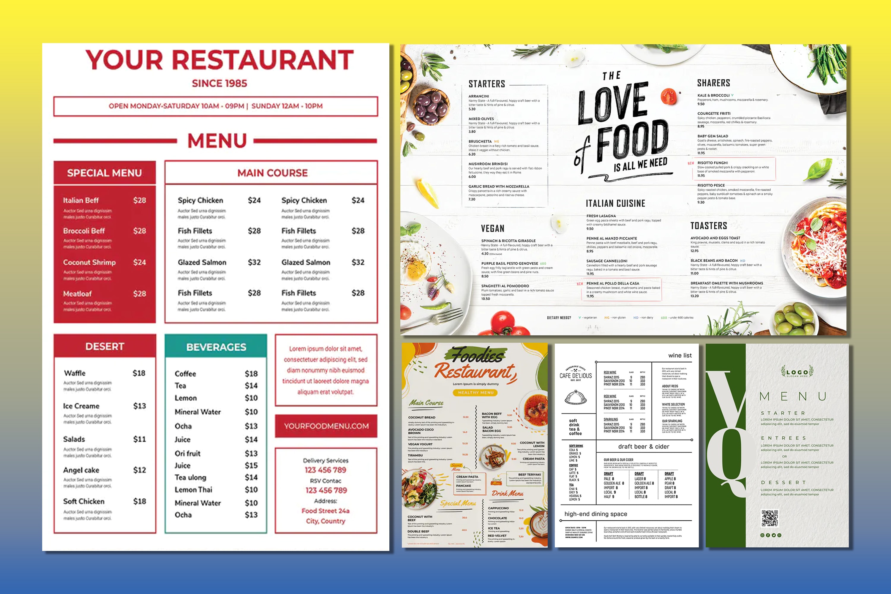 Do typographic restaurant food menu design, menu card, menu
