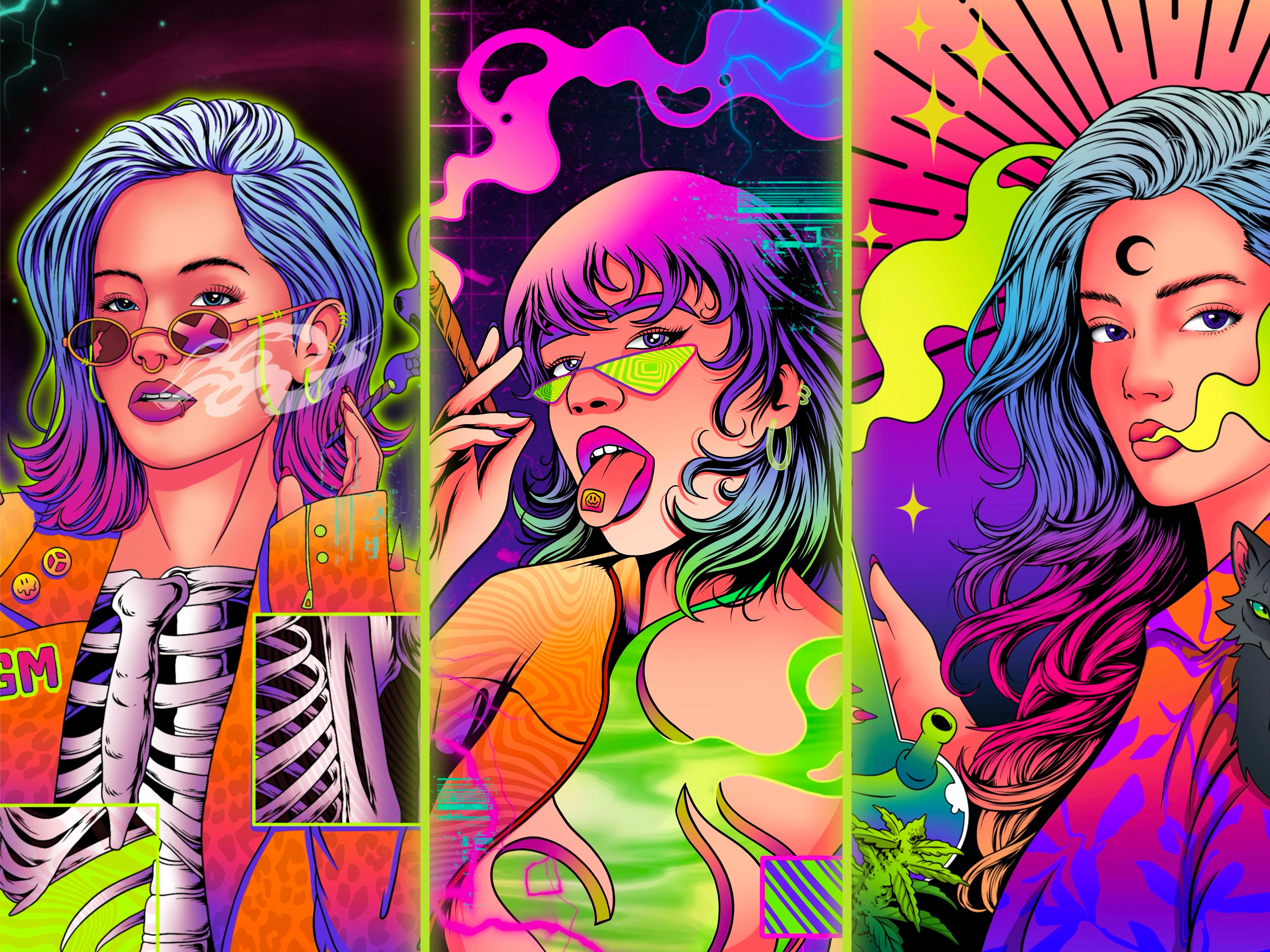 Create colorful psychedelic and trippy style illustration by