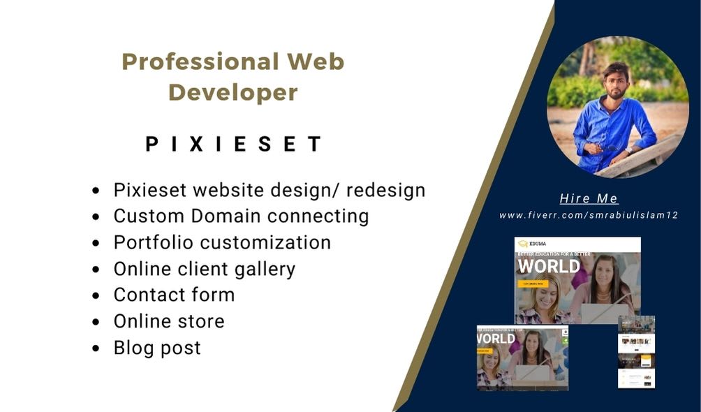 Design pixieset website, setup custom domain, client gallery, and