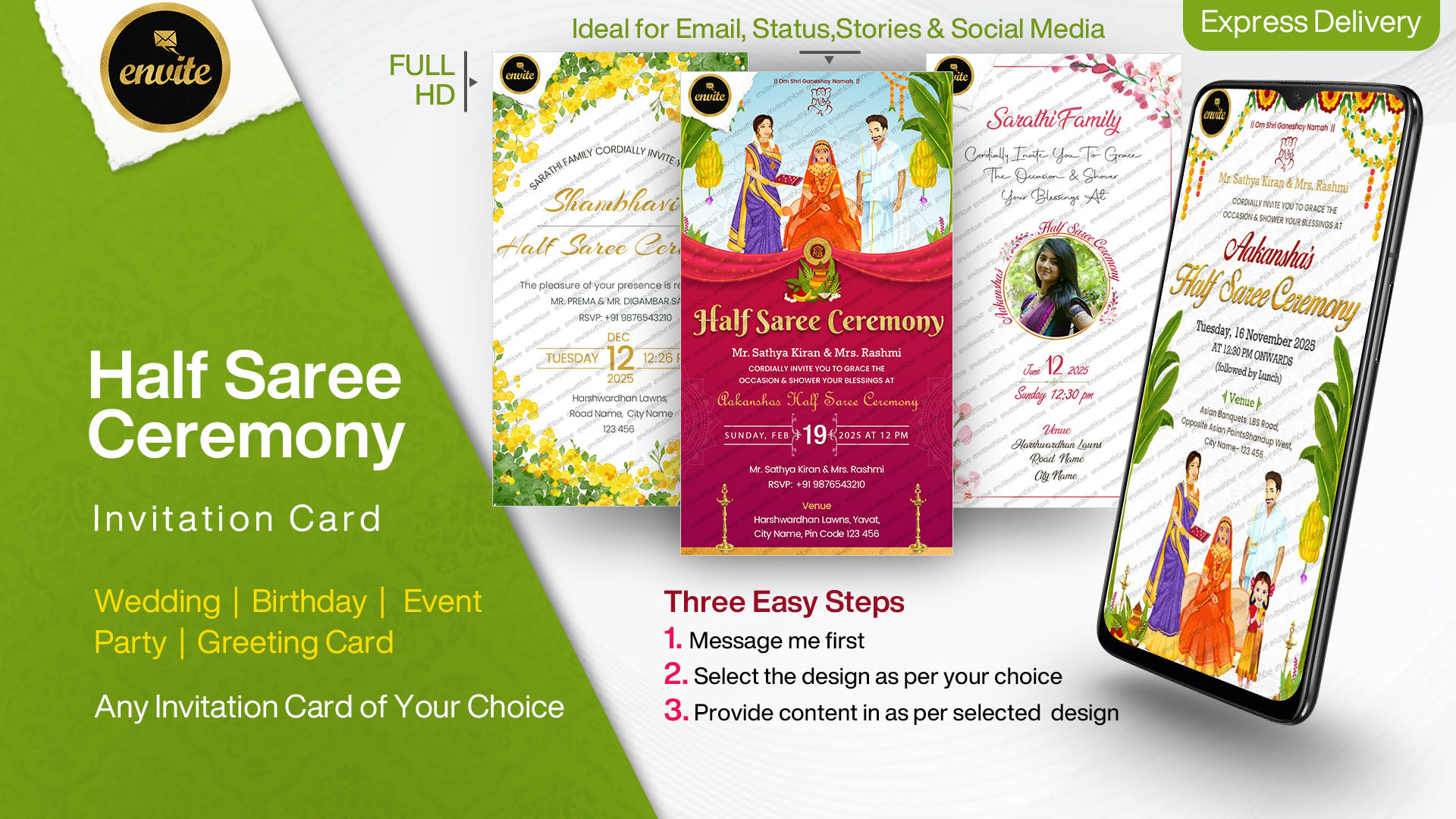 Design half saree invitation for whatsapp by Dharananiteen | Fiverr