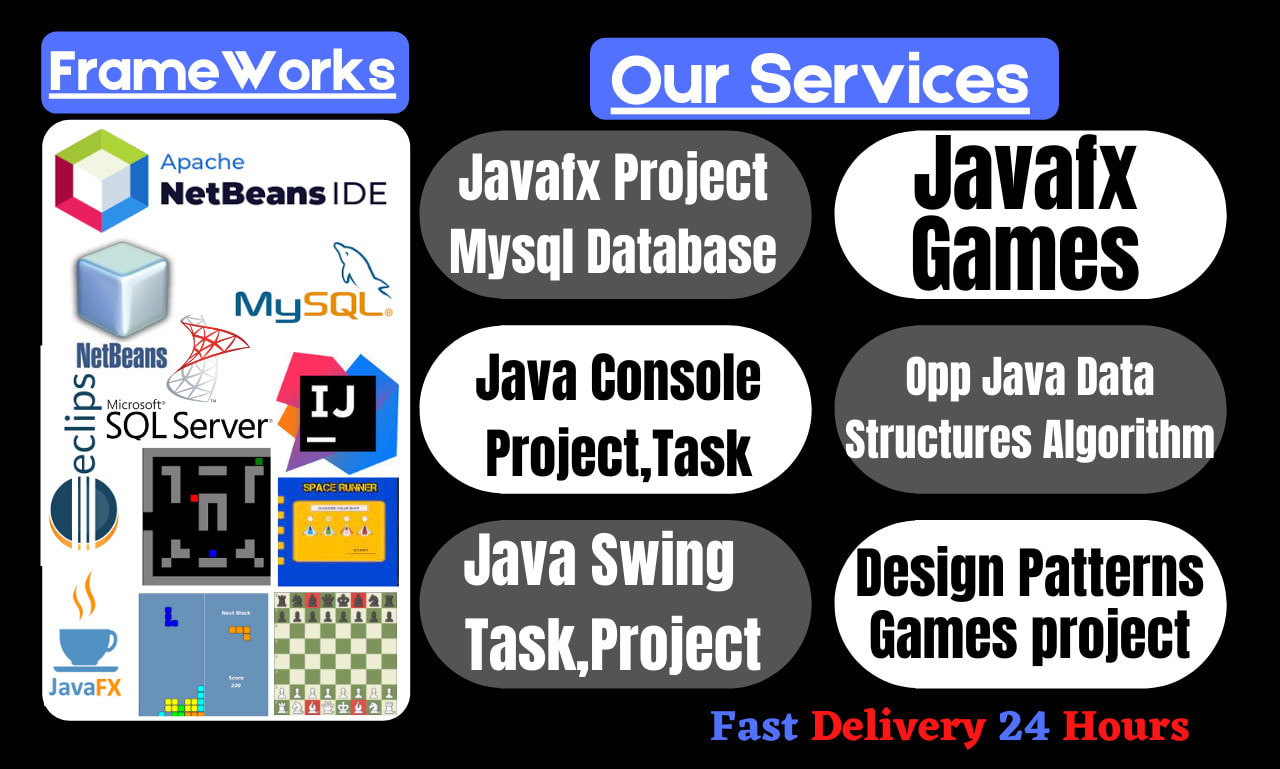 do complete javafx, java, sql, games design pattern, projects tasks