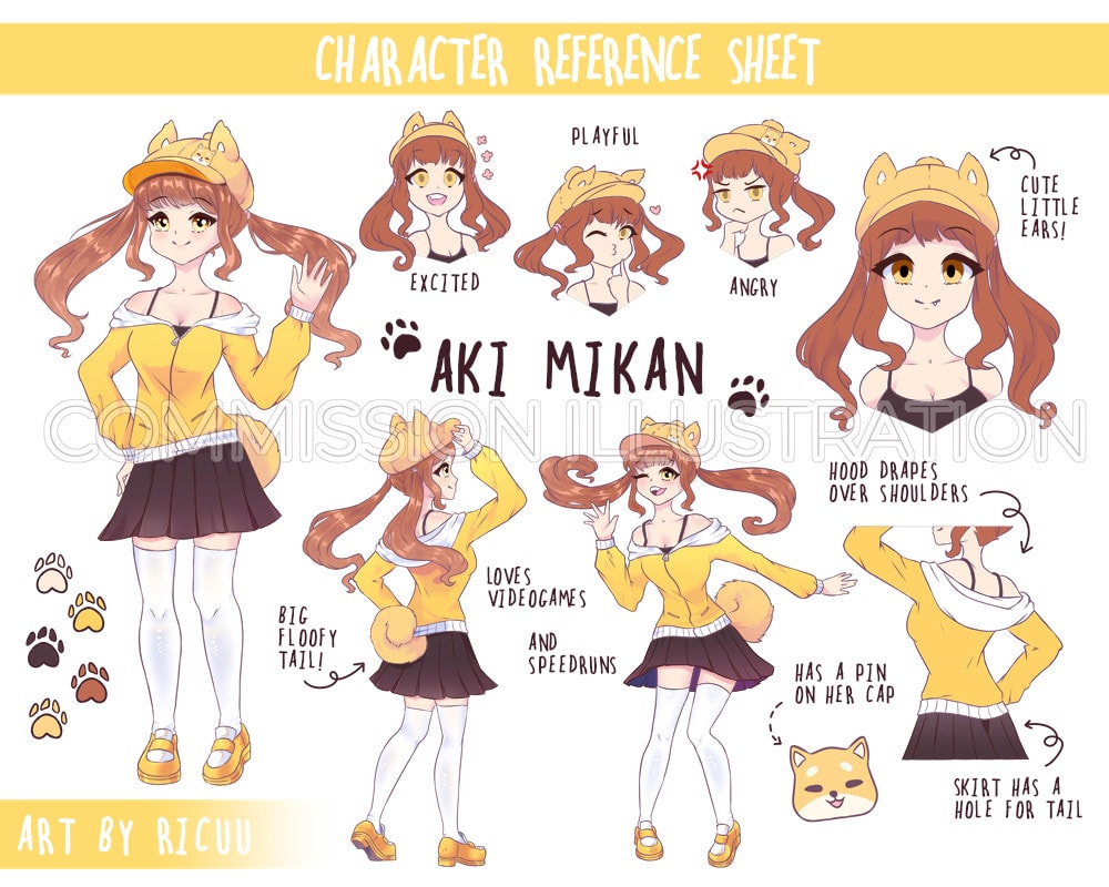 Anime girl full body character reference sheet