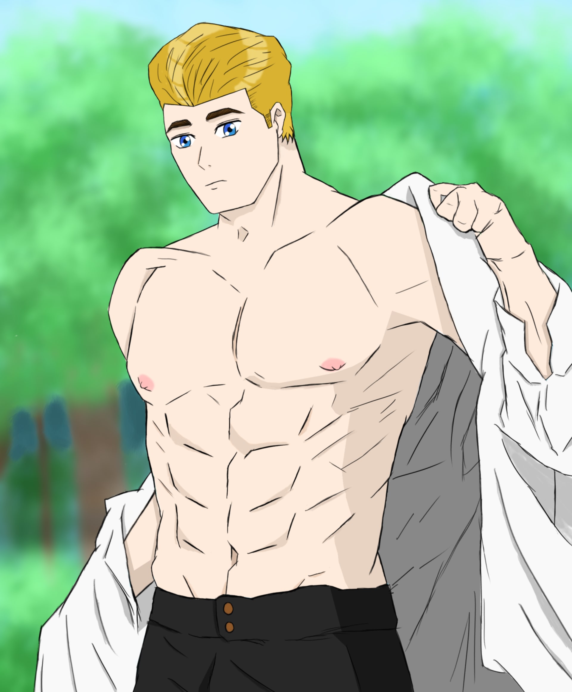 dibuja hombres musculosos sin camisa en estilo anime o manwha