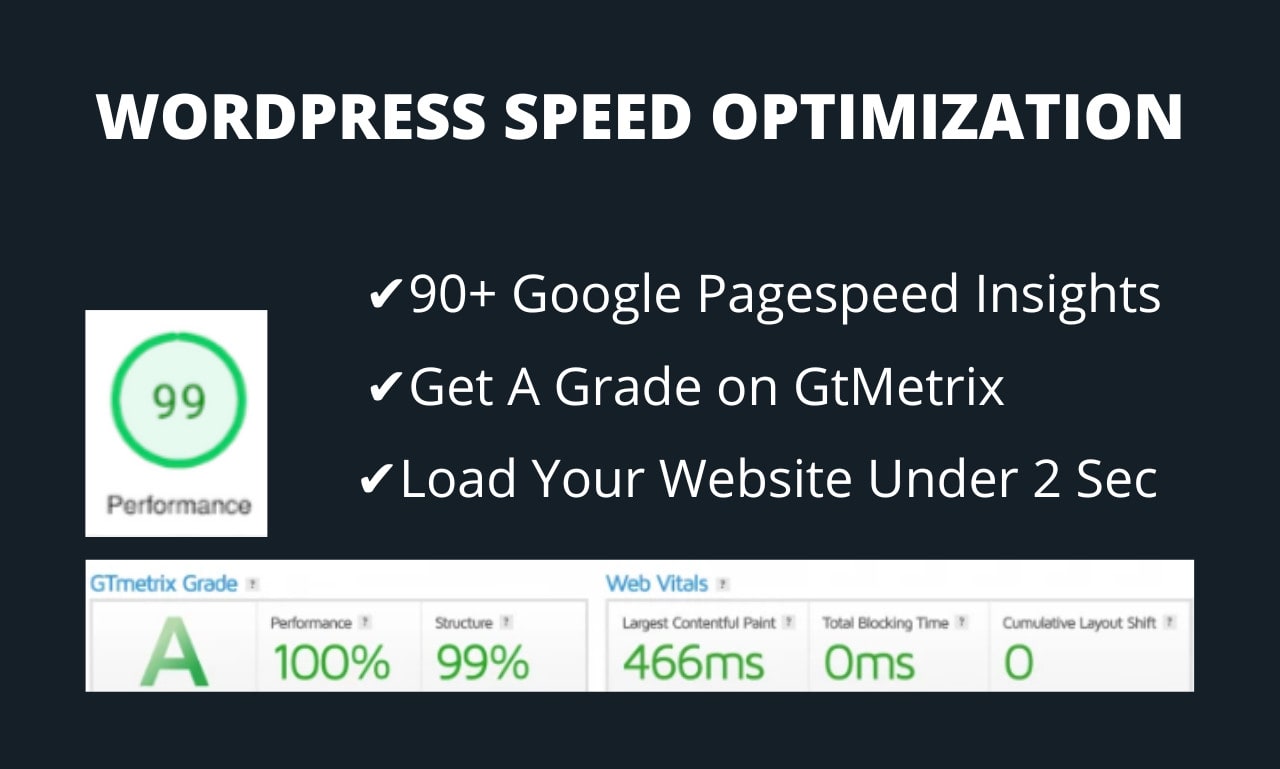 WordPress Speed optimization, Gtmetrix Performance 90+ Score