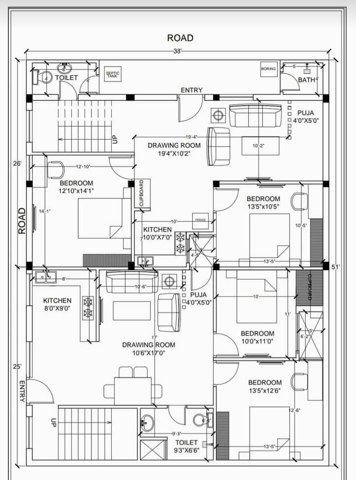 East face elevation of the house plan is given in this 2D Autocad