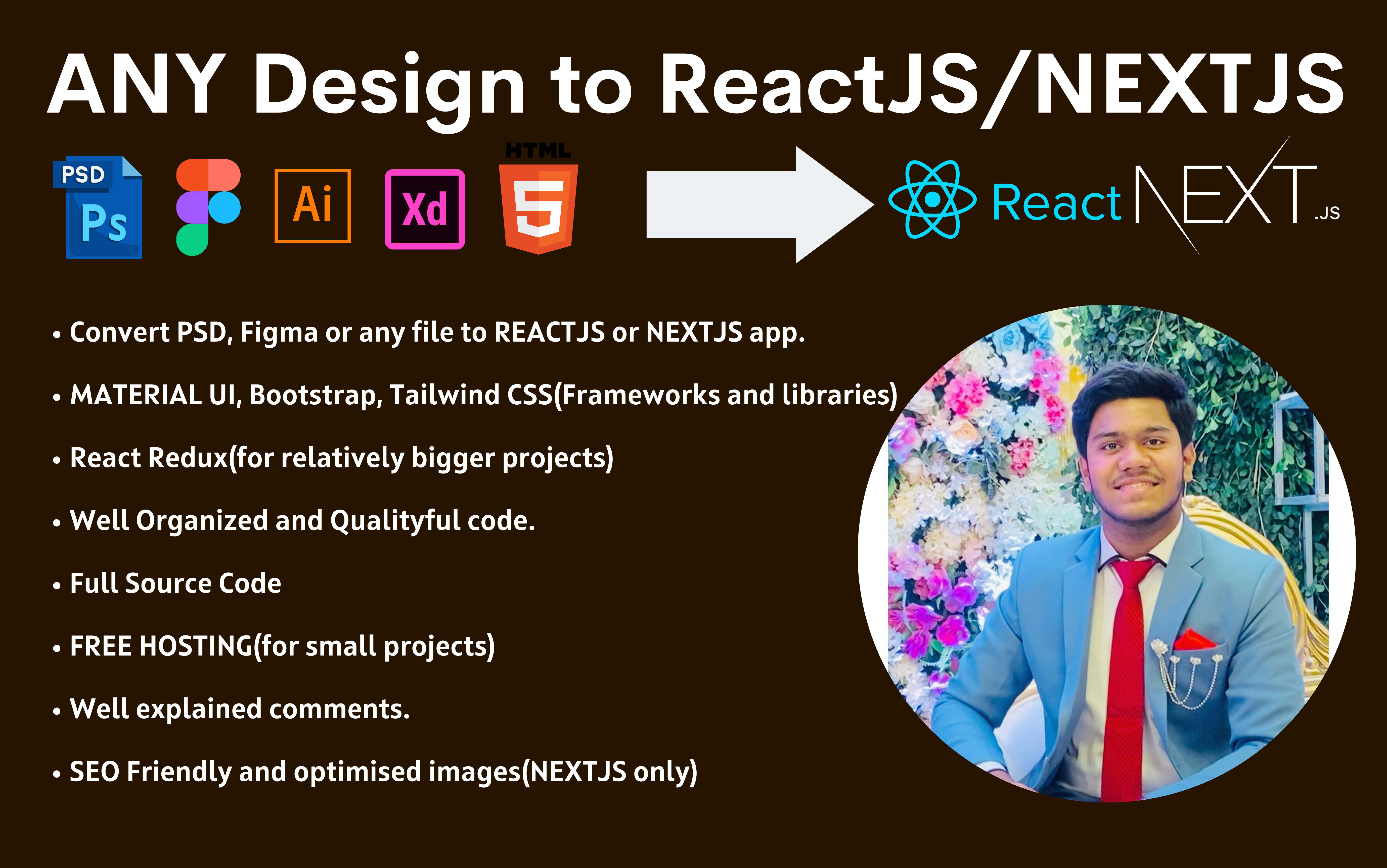 Convert your html, psd, figma, xd to responsive react js app by  Junaidahmedzama | Fiverr