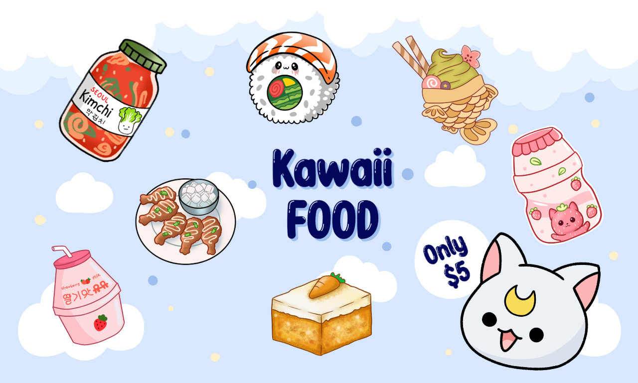 design cute kawaii cartoon food, drink and doodles