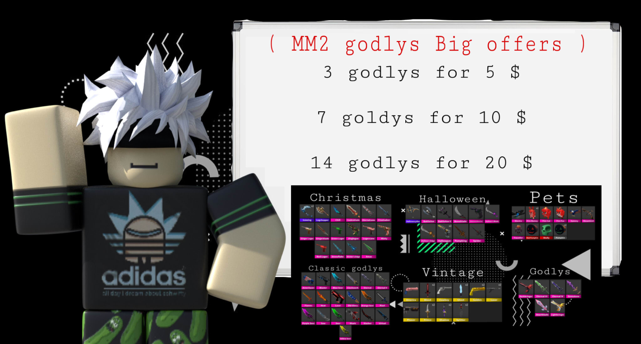 Roblox mm2 godlys big offer any 3 for 5 dollars by Yazeedzh1