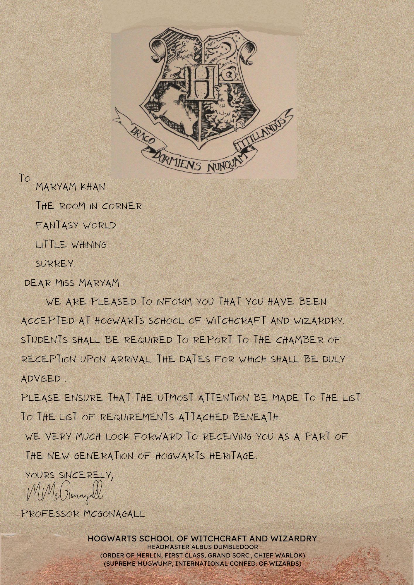 Personalized Hogwarts Acceptance Letter